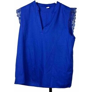 Crochet‎ Top Sleeveless V Neck Camisole Blouse Cami Shell Blue Large Career Work